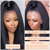 18 Inch Yaki Straight Wig – 13x4 Transparent Lace Front, 250% Density, Pre-Plucked Human Hair Wig